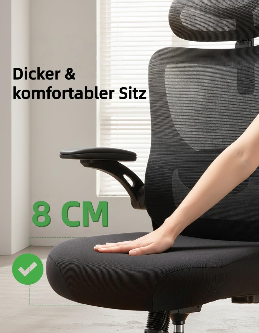 Marsail Bürostuhl Ergonomisch Schreibtischstuhl hat Verstellbarer Lordosenstütze Kopfstütze und Armlehne Höhenverstellung und Wippfunktion, Schwarz