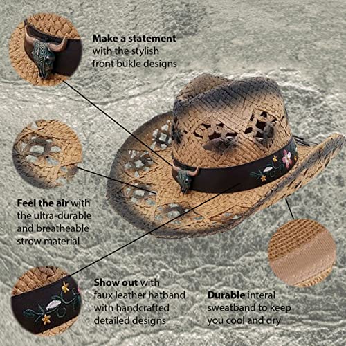 Image of SILVERFEVER Straw Cowboy Hat Cowgirl Hats Men Women Sun Hat Sombreros Vagueros Classic Western Accents Sombreros