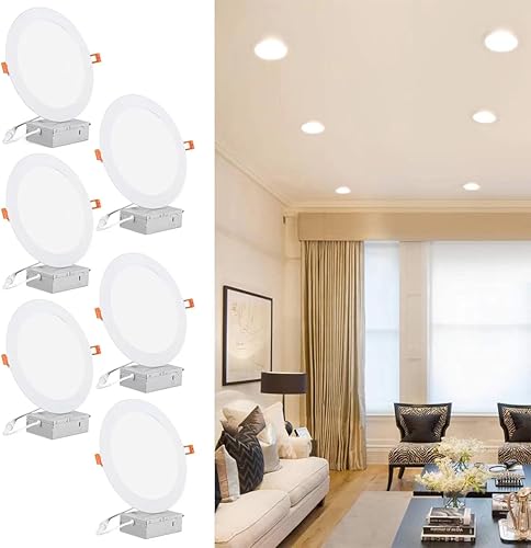 JARLSTAR Paquete de 6 luces LED empotrables de 8 pulgadas, iluminación empotrada ultrafina con caja de conexiones, 18 W, 3000 K, blanco cálido,