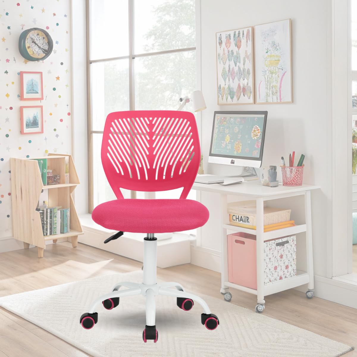 FurnitureR Chaise de Bureau Colourée, Siège Ergonomique Pivotante à Hauteur Réglable pour Ordinateur, roulettes à 5 Branches, Chaises et Tabourets à Domicile, Siège de Travail, Candy Rose Foncé