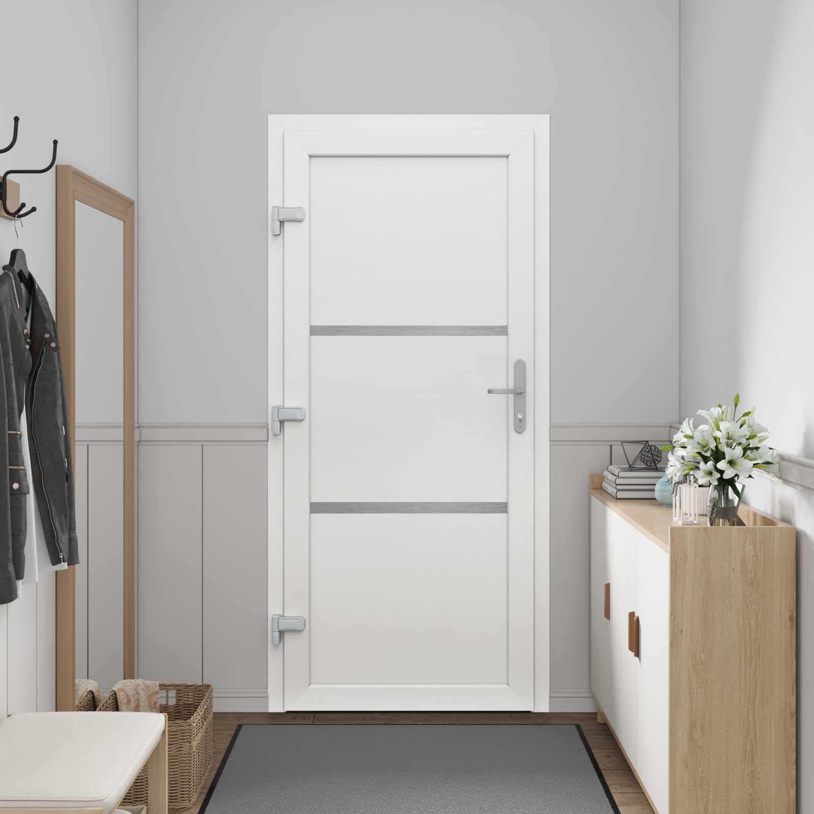 Vordertür Weiß PVC 108 x 208 cm mit Glas, Schloss, Beschlag, Zarge, Rahmen, Mehrfachverriegelung für Eingang, Sicherheit, Wärmedämmung, Schallschutz, Einbruchhemmend, Neubau, Renovierung