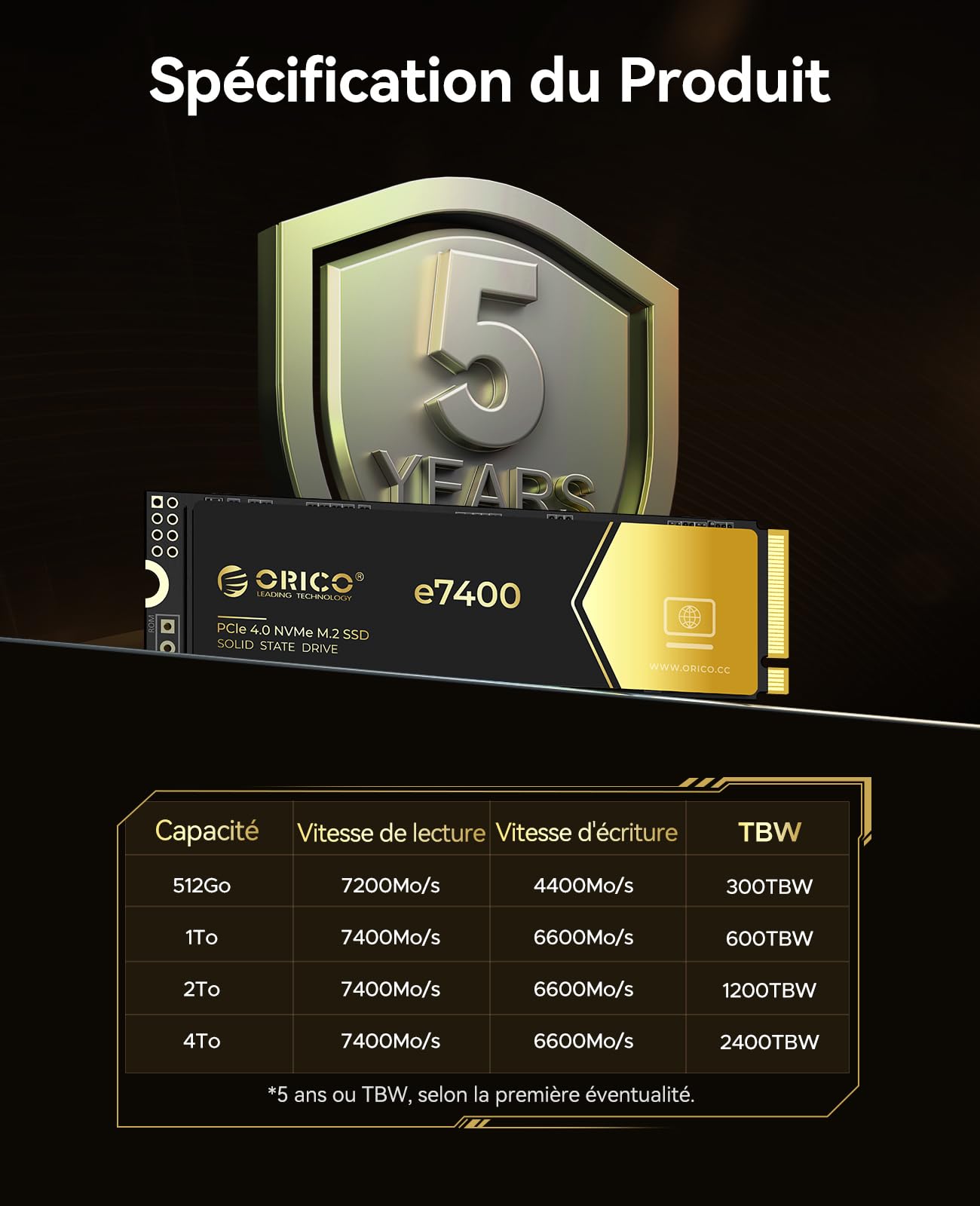 ORICO SSD 2To NVMe M.2, PCIe 4.0X4 - Jusqu'à 7400MB/s M2 SSD, 3D NAND Flash M.2 2280 Disque Dur Interne, Compatible avec macOS Windows pour Joueurs et créateurs-e7400