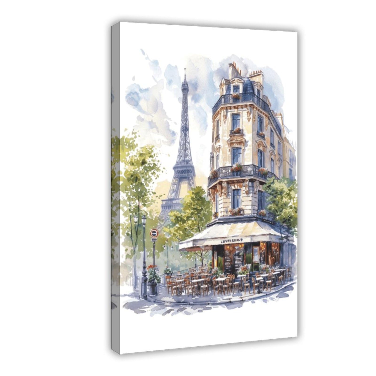 UTGN Paris Painting Parisian Cafe Watercolor Art Canvas Poster Bedroom Decor Landscape Decor Gift 12x18inch(30x45cm)