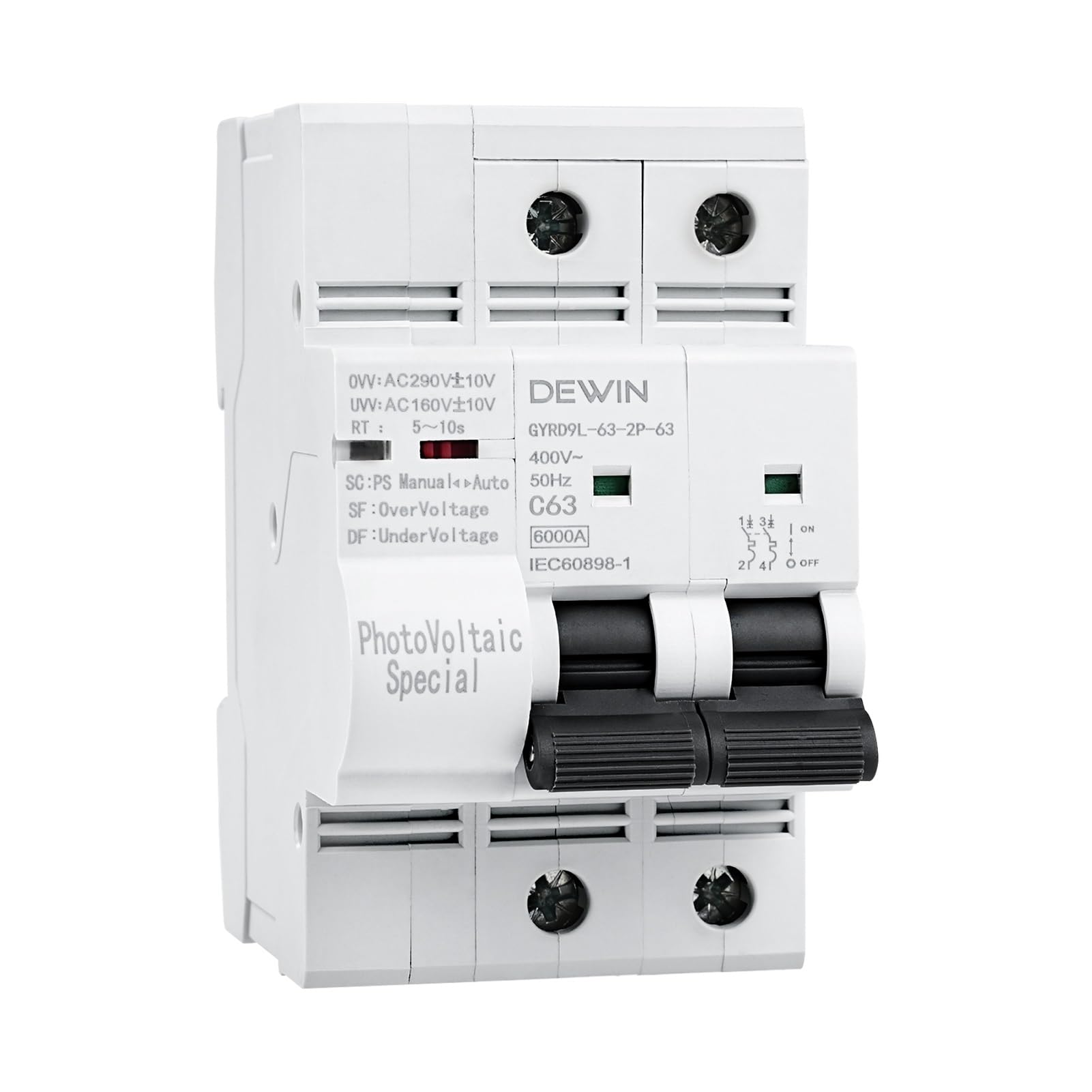 Jadeshay Interruttore Magnetotermico,63A 400V Interuptore con Riarmo Automatico Fotovoltaico con Protezione da sovratensione e sottotensione per Sistema Solare PV(2P 63A)