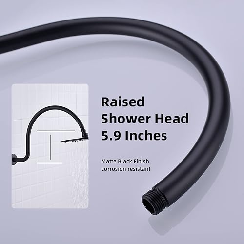 Miniatura 6 de Brazo de ducha negro mate de 17 pulgadas con brida, cabezal de ducha de acero inoxidable sólido, brazo de extensión de arco alto, tubo extensor