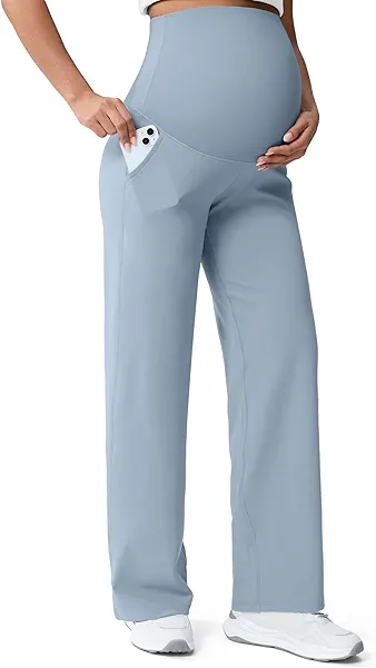 Mama Land Maternity Yoga Pants Wide Leg Navy High Waist Over The Belly Stretchy Work Pregnancy Lounge Pants with Pockets Fall Winter Tall (33" Denim Blue S)