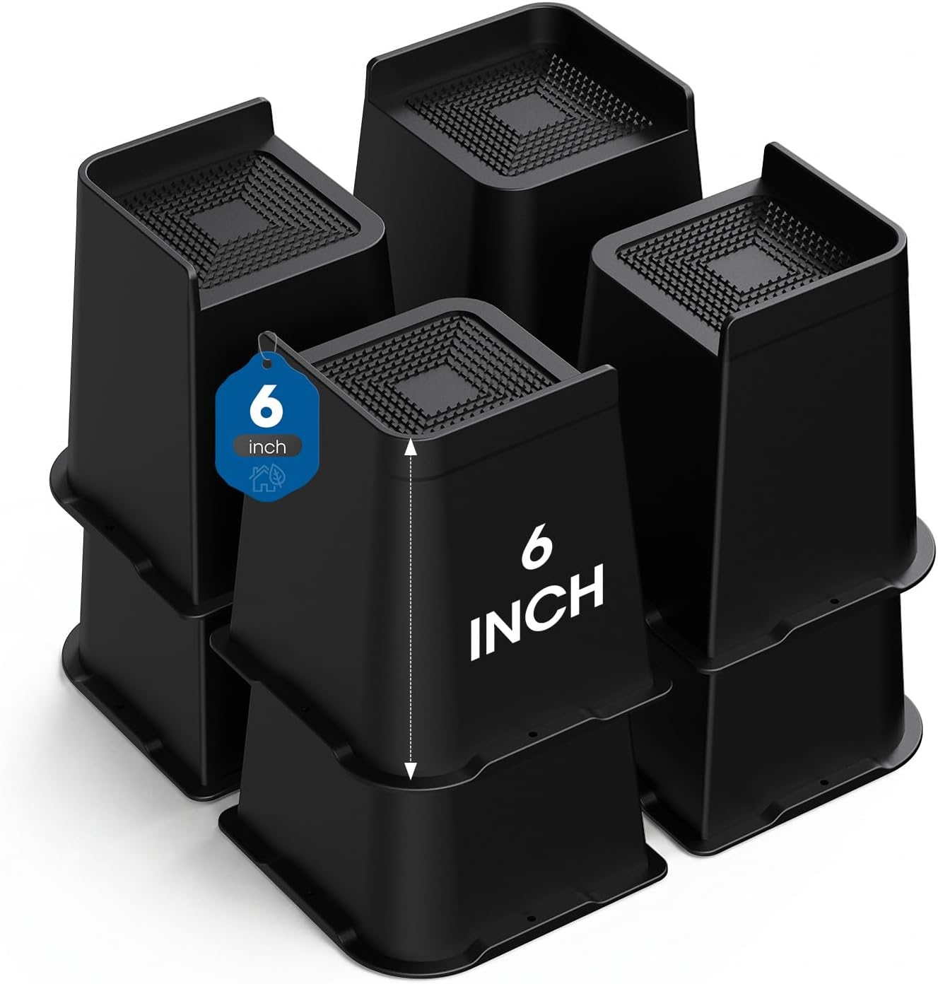 Bed Risers 2 inch, 3 inch, 4 inch, 6 inch or 8 inch Heavy Duty Furniture Risers, Up to 6000 Lbs L Shaped Design Bed Lifts Blocks for Couch Desk Sofa Table (Black, 6 Inch 4 Pack)