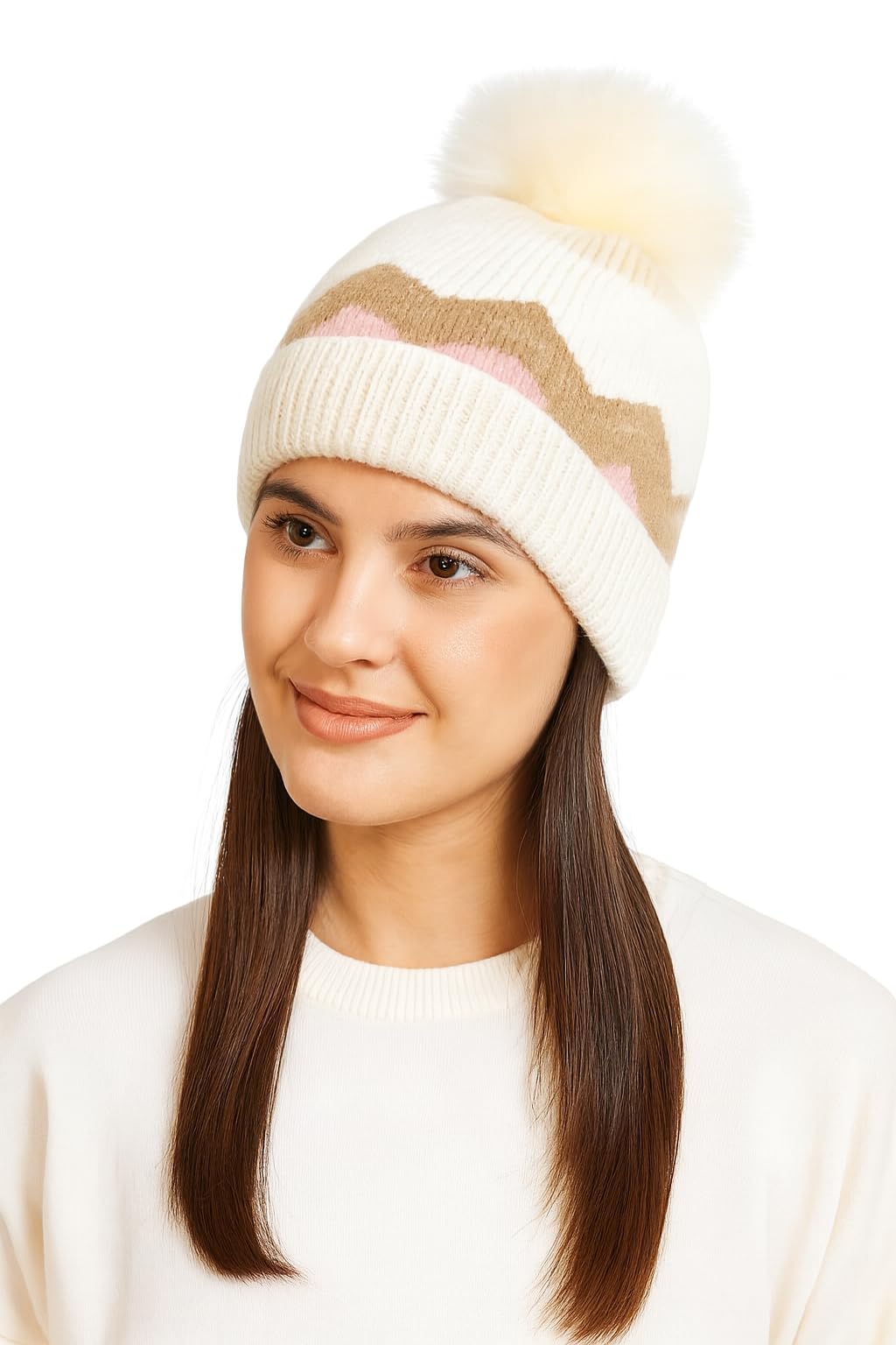 Winter Knit Beanie with Faux Fur Pom Pom, Grey Mountain Pattern Design, Warm Winter Hat for Women (Cream)-picture-33
