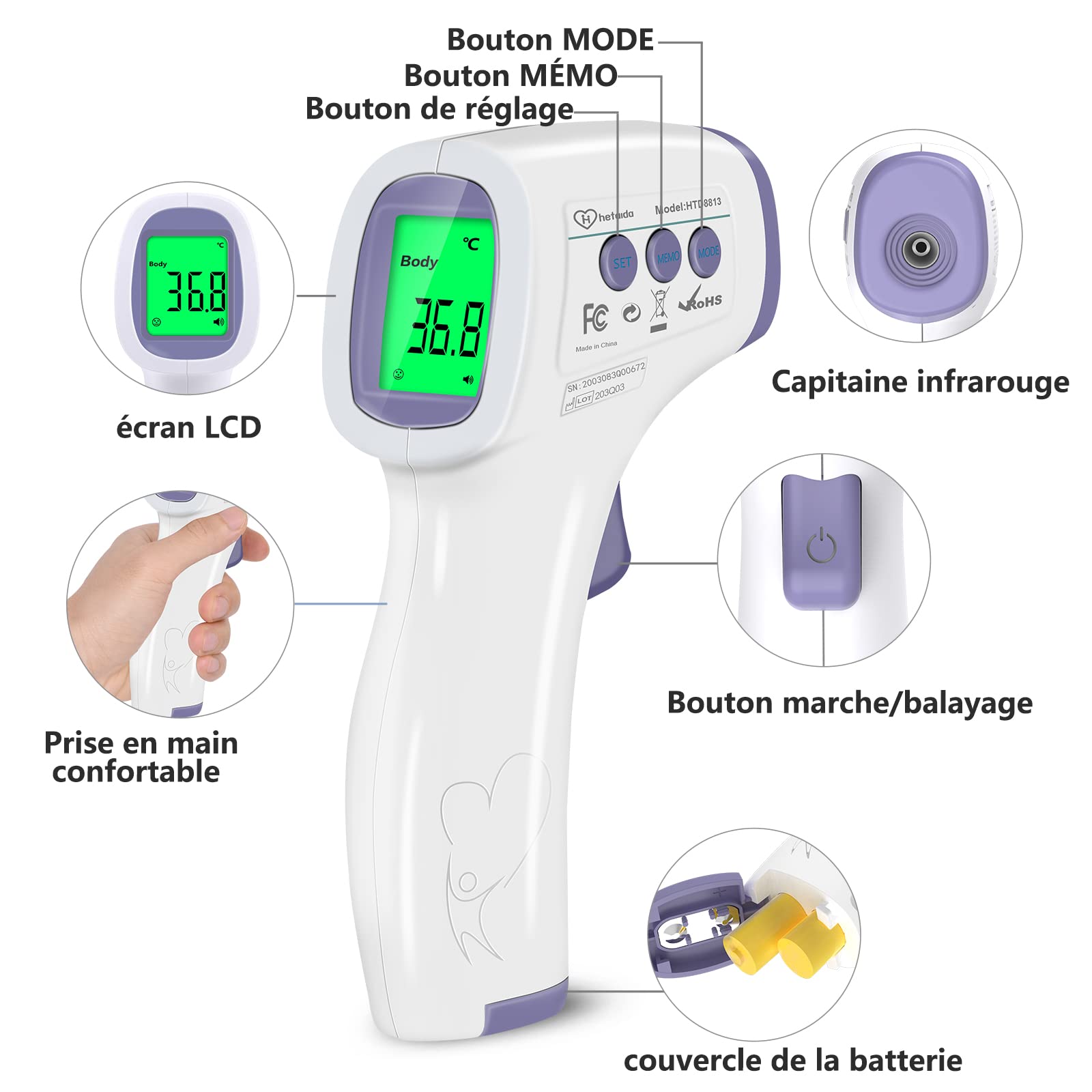 Thermomètre Frontal Adulte, Thermometre Infrarouge pour Enfant, Thermometre Numérique sans contact, Écran LCD, Fonction Mémoire, Mode Objet et Corps, Alerte Fièvre, Mesures Rapides et Précises