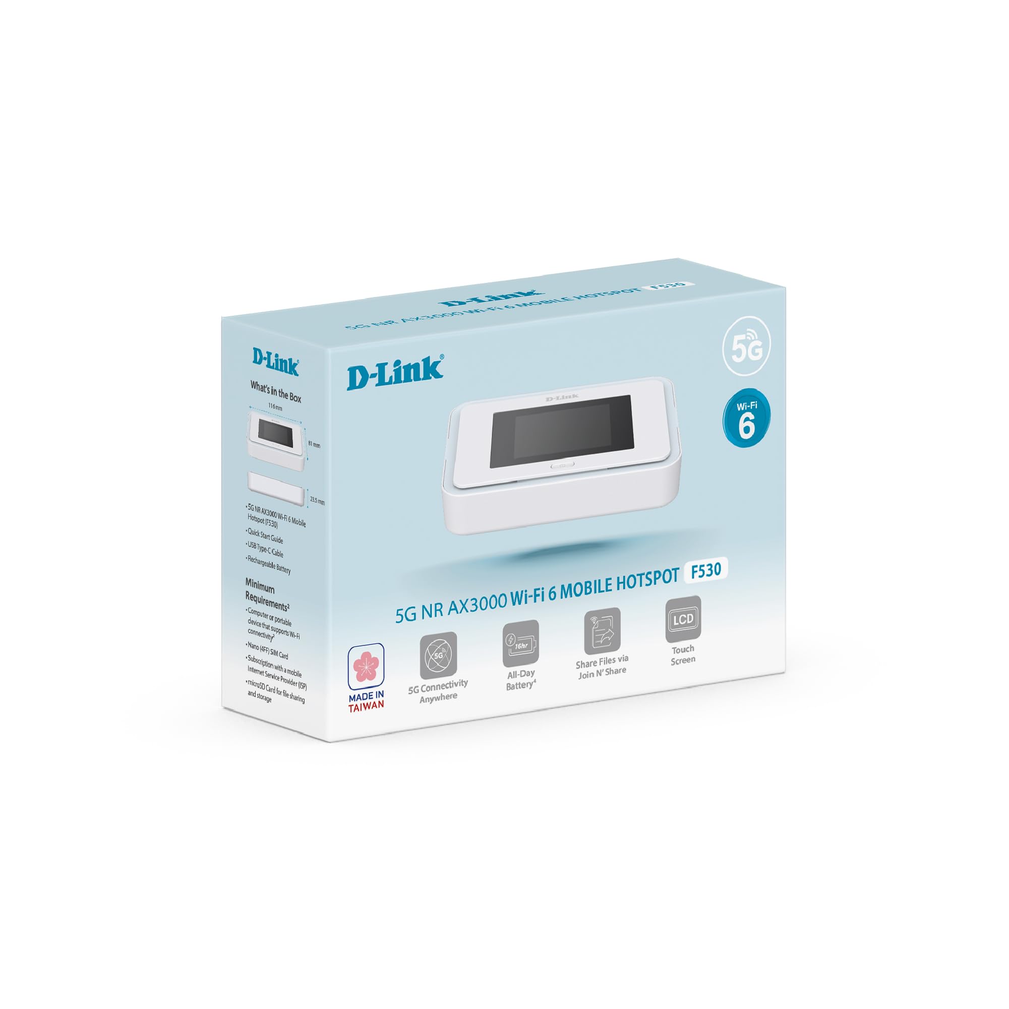 D-Link F530 Hotspot Móvil 5G NR AX3000 Wi-Fi 6, Router 5G Portátil hasta 7,01 Gbps, Pantalla Táctil 2,4", 32 Dispositivos, Batería 5260 mAh, USB-C PD, microSD, Ranura SIM