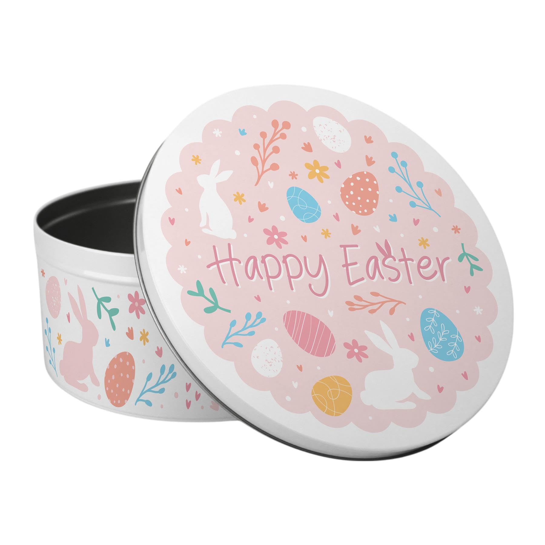 Purely Home Pink Easter Cake Tin - Easter Bunny & Eggs Large Round Metal Kitchen Storage Container Gift 23 x 10cm