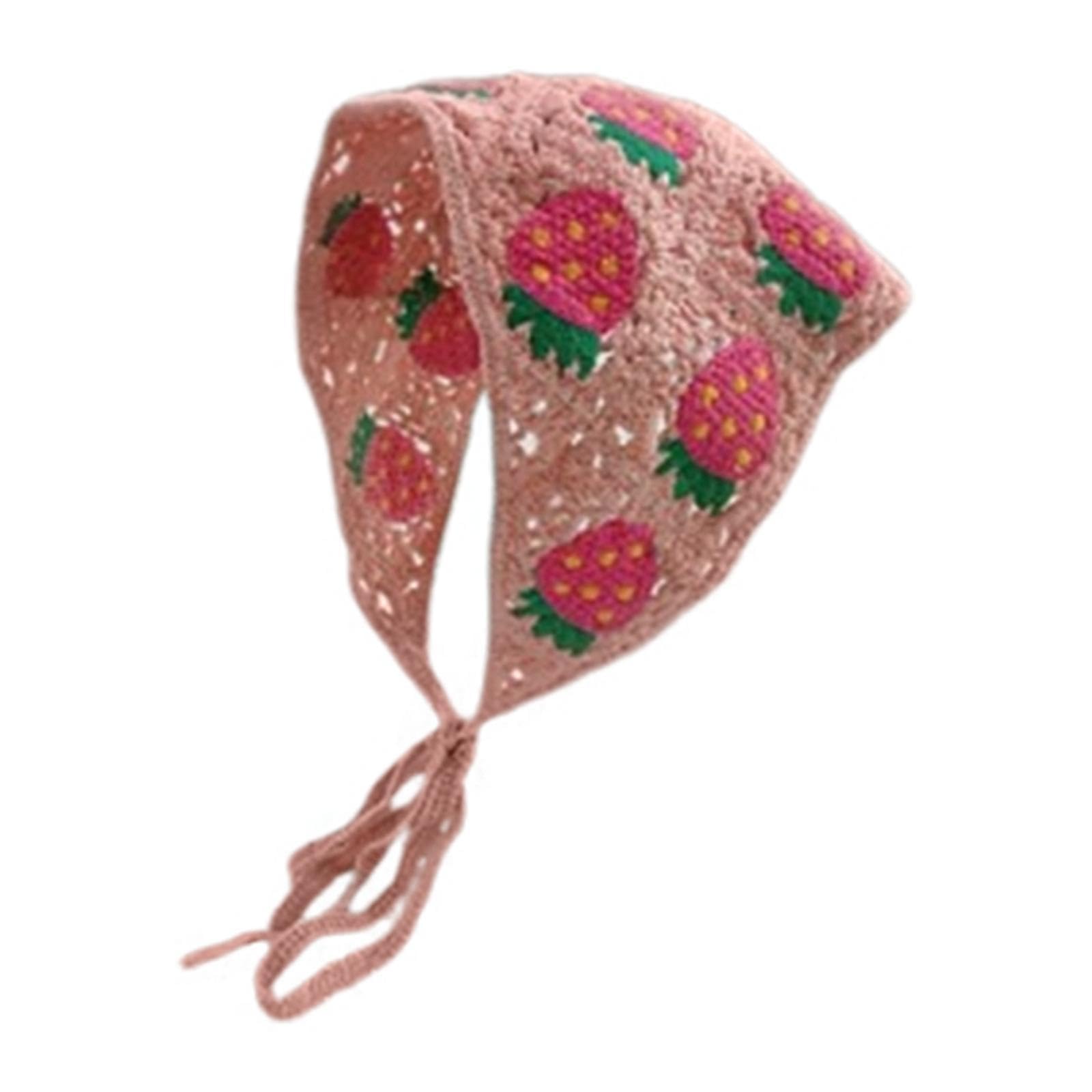 Deevoka Women Crochet Bandana Stylish Cute Decoration Vintage Styling Decor Hair Scarf, Pink Strawberries
