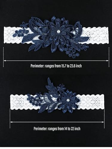 2 Pieces Wedding Garters Daisy Lace Bridal Garter Hand Sewn Faux Pearls Garter For Bride (Navy Blue) #TOP2