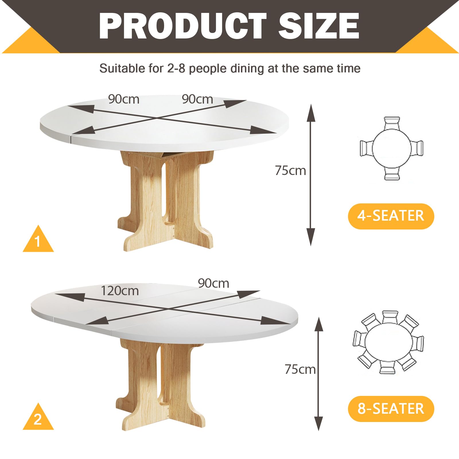 Tavolo da pranzo rotondo allungabile 90-120 cm, moderno per 2-8 persone, tavolo da cucina ovale con robusto telaio a colonna, salvaspazio, per cucina e sala da pranzo (bianco)