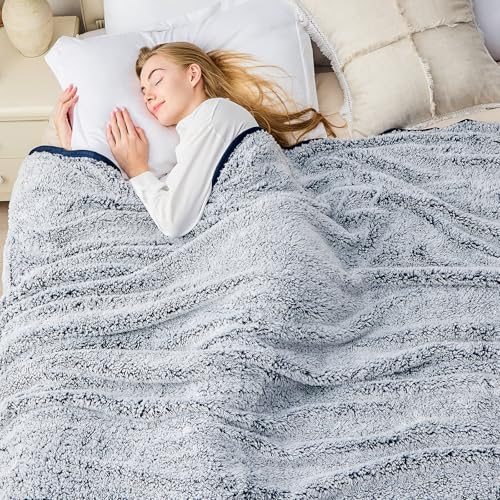Image of EMME Soft Sherpa Throw Blanket Fleece Reversible Plush Fluffy Blanket, Light Weight Warm Decorative Boho Blanket Cover for Sofa, Couch, Bedroom,Travel(Plush Navy,50 inchx60 inch)