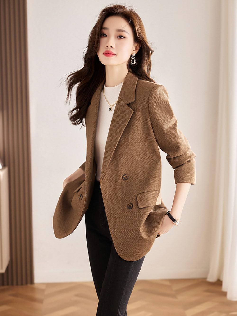 Giacche Eleganti da Donna in Tweed, Blazer Vintage Kaki con Risvolto con Risvolto Cappotto Moda Casual Maniche Lunghe Giacca Doppiopetto Autunno Transizione Capispalla con Spacco Posteriore