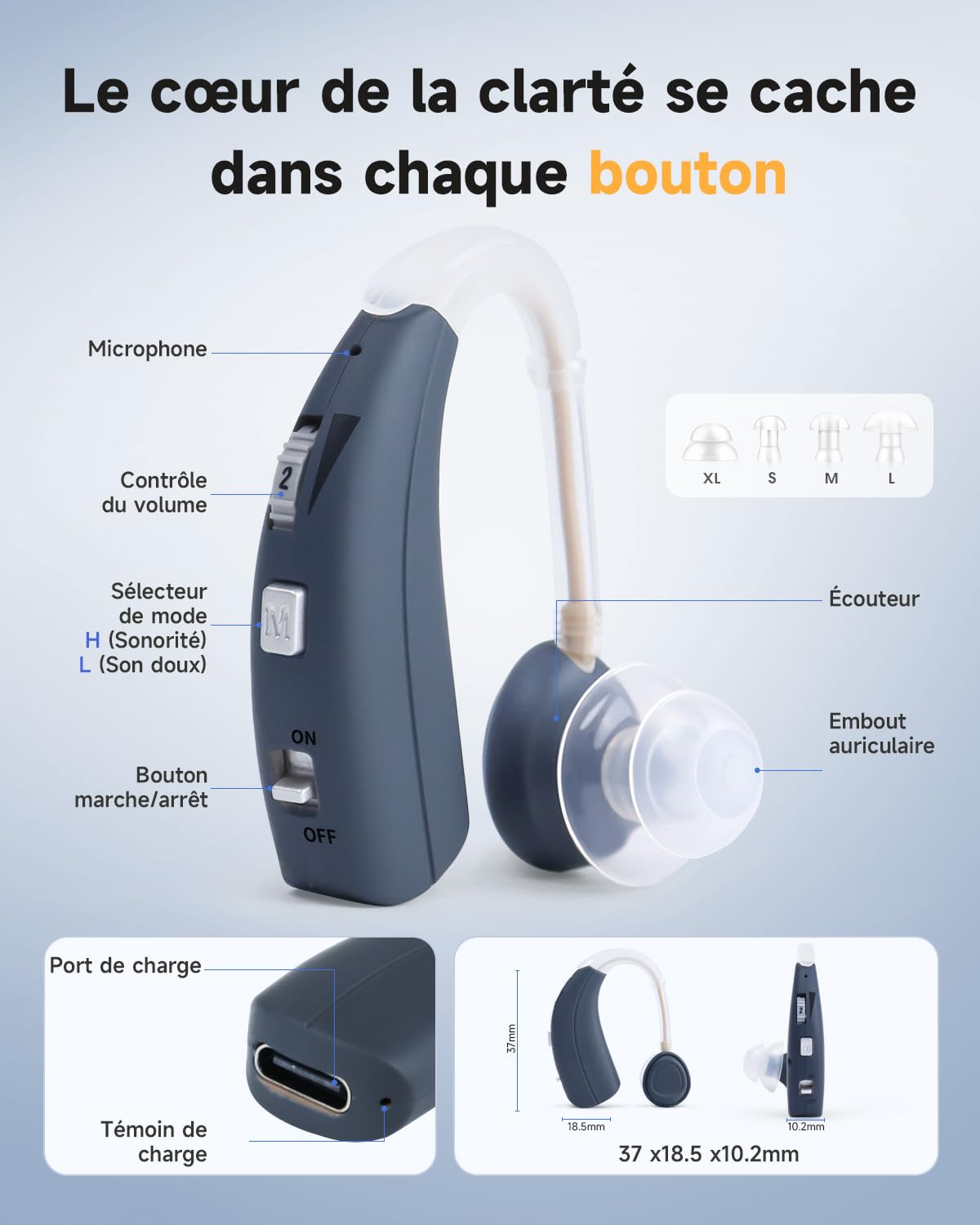Britzgo Dispositif de réduction de bruit intelligent, autonomie longue durée, amplificateur de son portable,design contour d'oreille