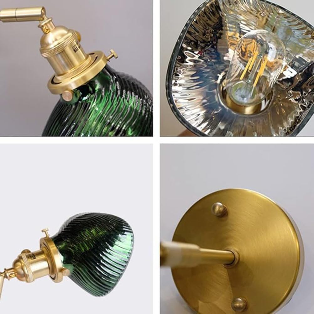 Mosiężna lampa ścienna z włącznikiem, lampka nocna, zielony klosz szklany, lampa ścienna E27 w stylu vintage, oświetlenie ścienne w stylu retro do sypialni, salonu, korytarza i schodów