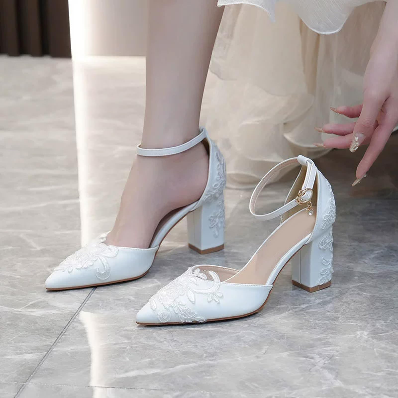 Scarpe da Sposa Dolci Carine da Donna - Sandali con Cinturino alla Caviglia con Tacco Grosso da 8 cm - Scarpe da Sposa Versatili e da Sera Comfort