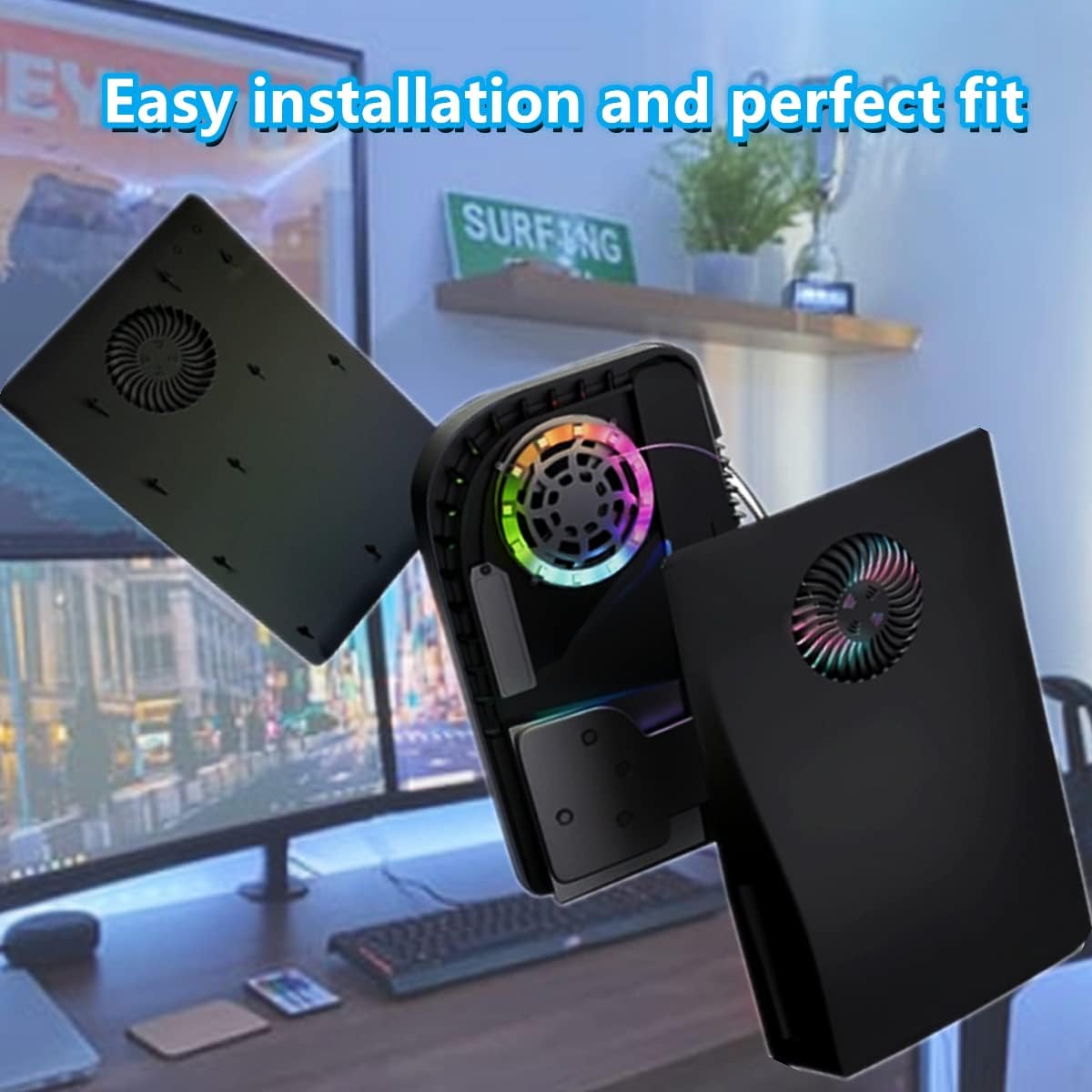 Para placas frontales PS5 con rejillas de ventilación de refrigeración, cubiertas de refrigeración Megadream, con luces RGB Paquete para Playstation 5 Disc Edition, color negro