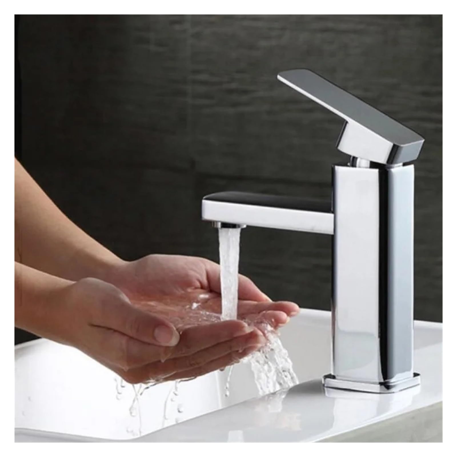 Robinet de lavabo de salle de bains carré galvanisé avec poignée monotrou et tuyau de raccord