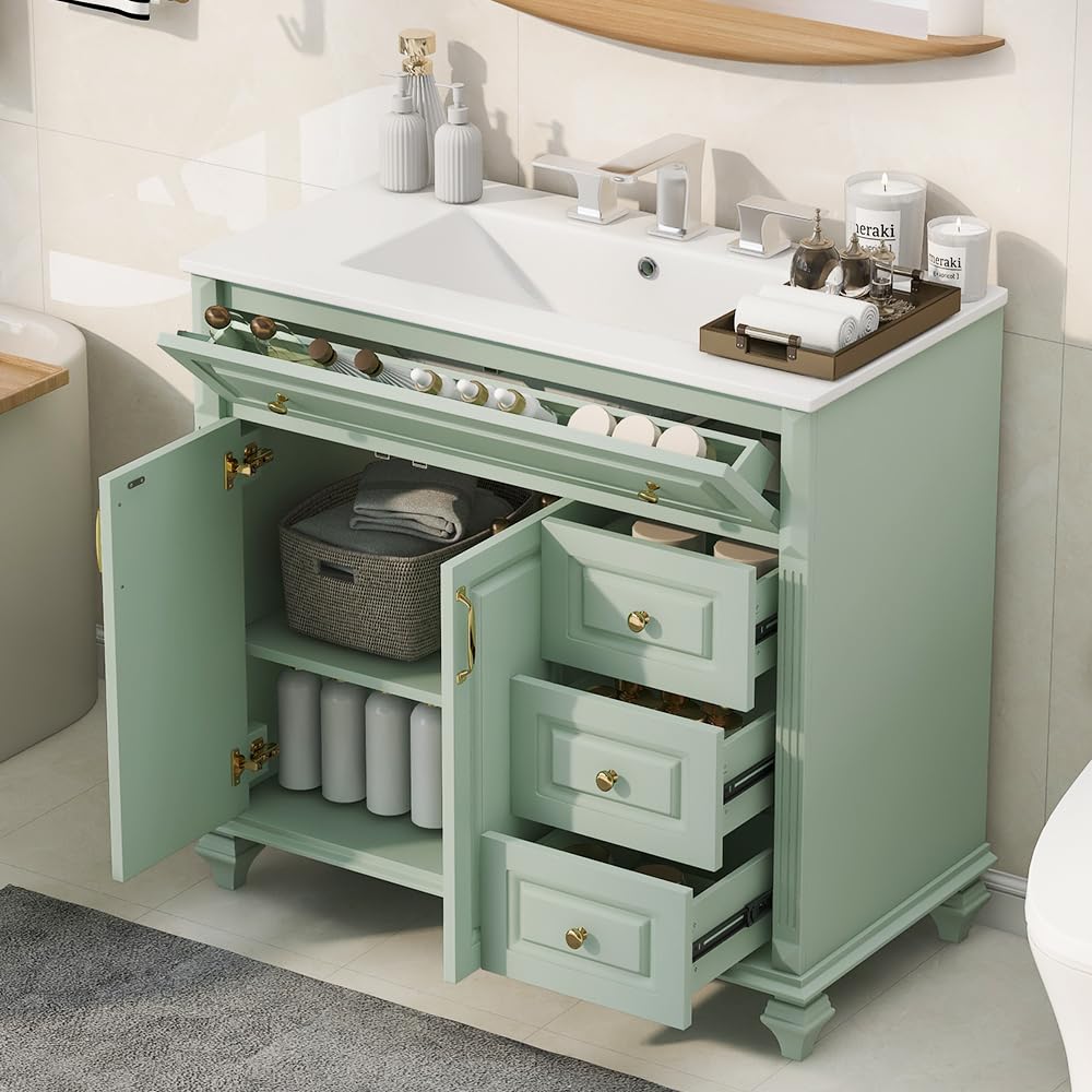 Mirightone 36 Inch Bathroom Vanity with Sink, Vanities 36 in with Ceramic Sink, Single Sink Bathroom Vanity, 36 Restroom Vanity with Flip Drawer, 3 Drawers & 2 Doors (Green)