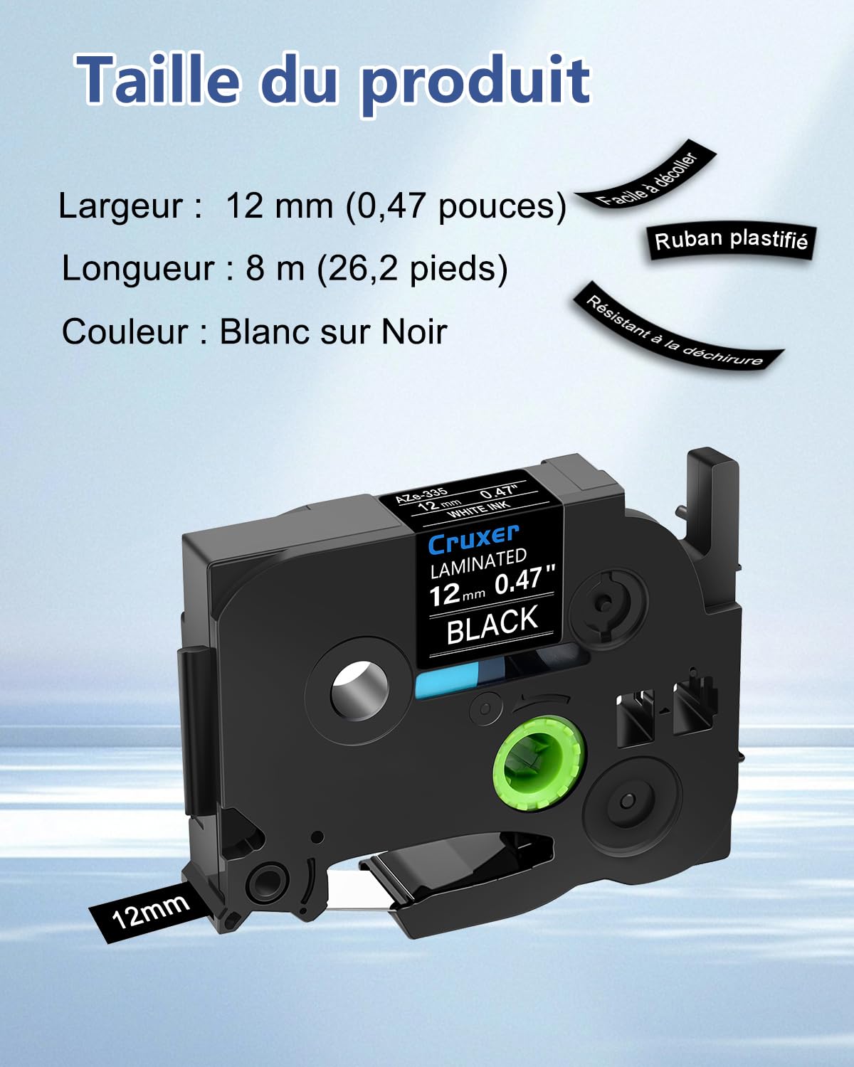 Cruxer Lot de 50 Compatible TZE-335 pour P-touch Blanc sur Noir 12 mm