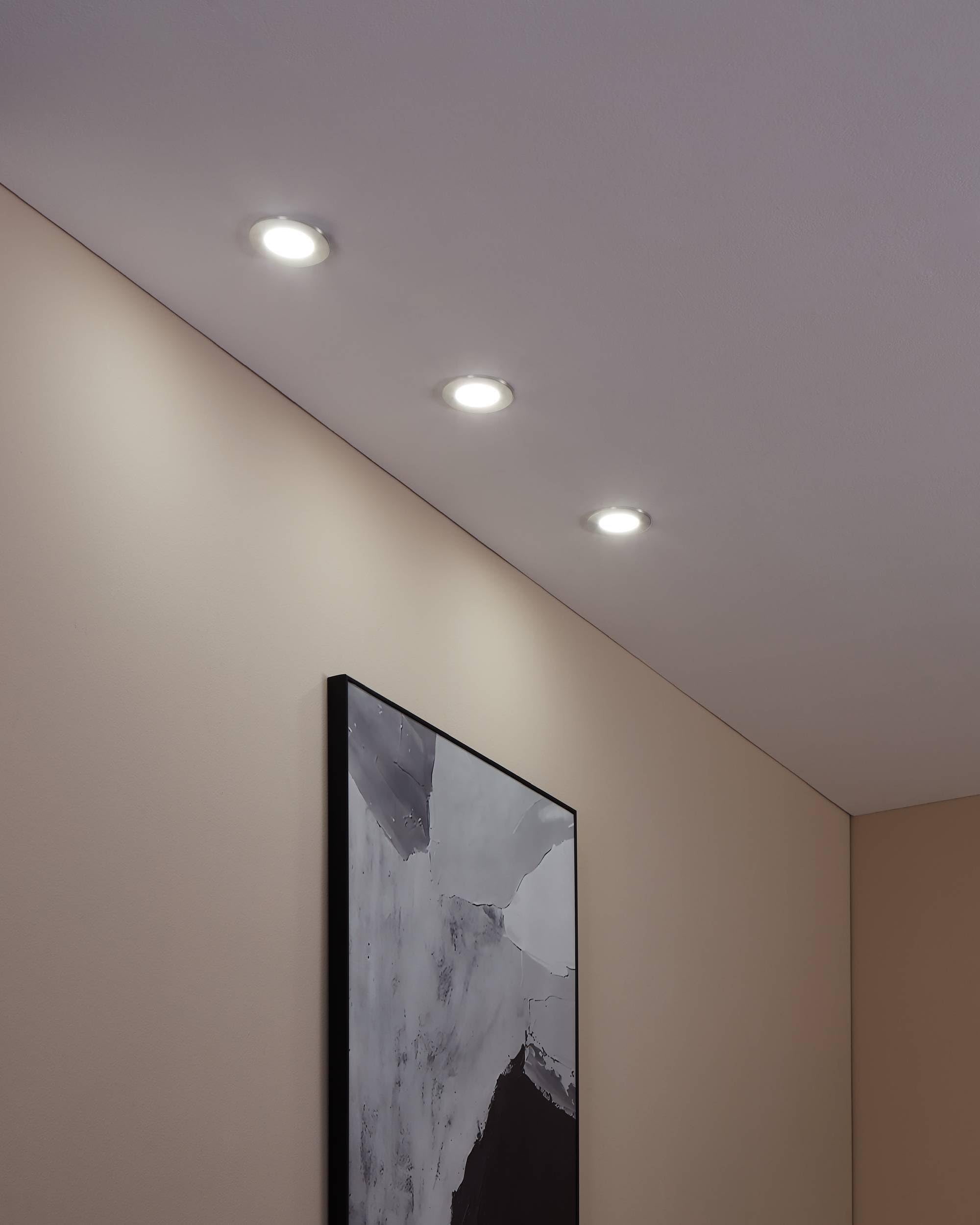 EGLO connect.z Smart-Home 3er-Set LED Bad-Einbaustrahler Fueva-Z, Ø 85 mm, ZigBee, App und Sprachsteuerung Alexa, warmweiß-kaltweiß, dimmbar, 3 Metall Einbauspots nickel-matt, IP44