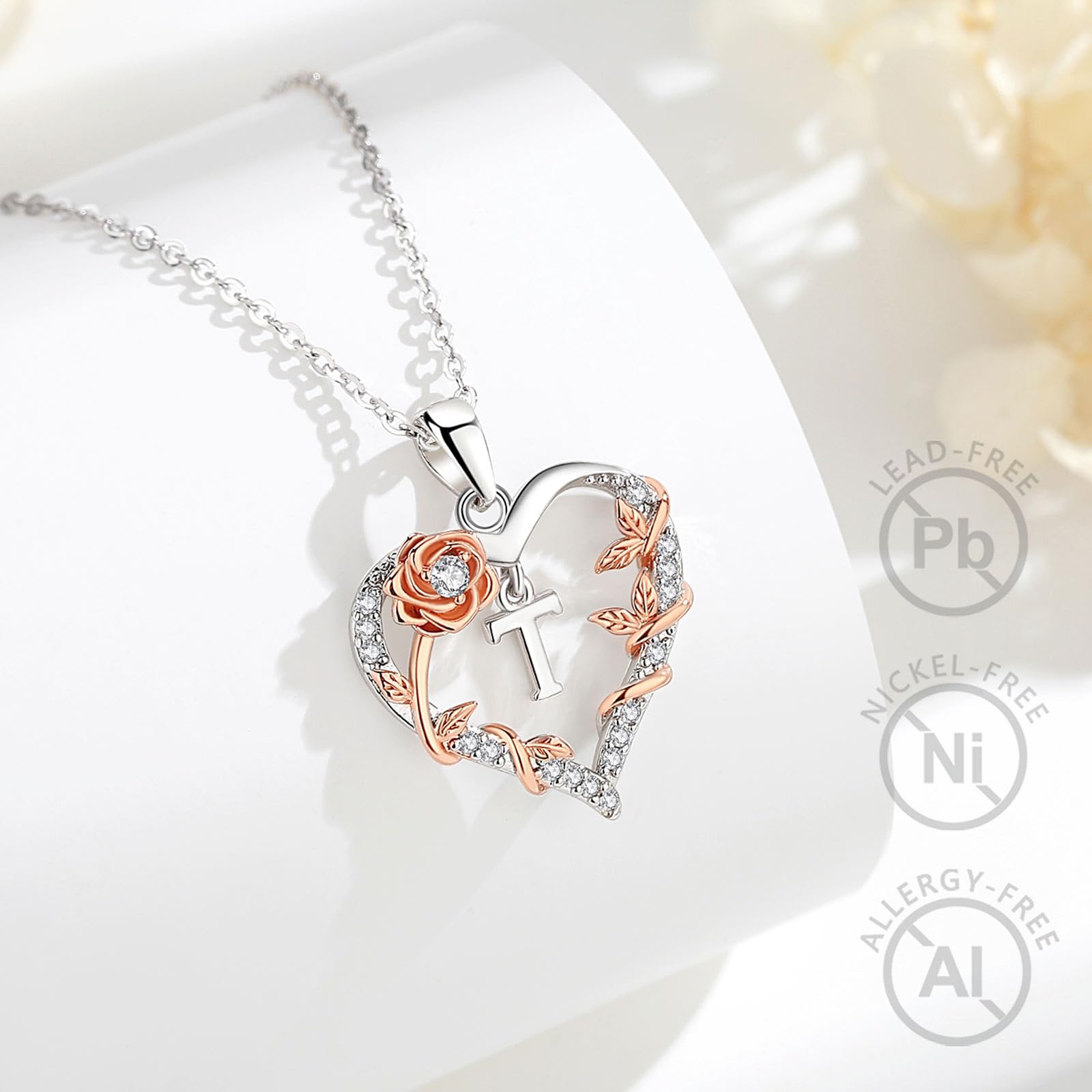 EUDORA Harmony Ball Collana con iniziali a Cuore Rosa per Donne, Lettera dalla A alla Z Collane con Iniziali dell'Alfabeto in Rame Placcato in Rodio Iniziali con Ciondolo Regali di Gioielli, 18"