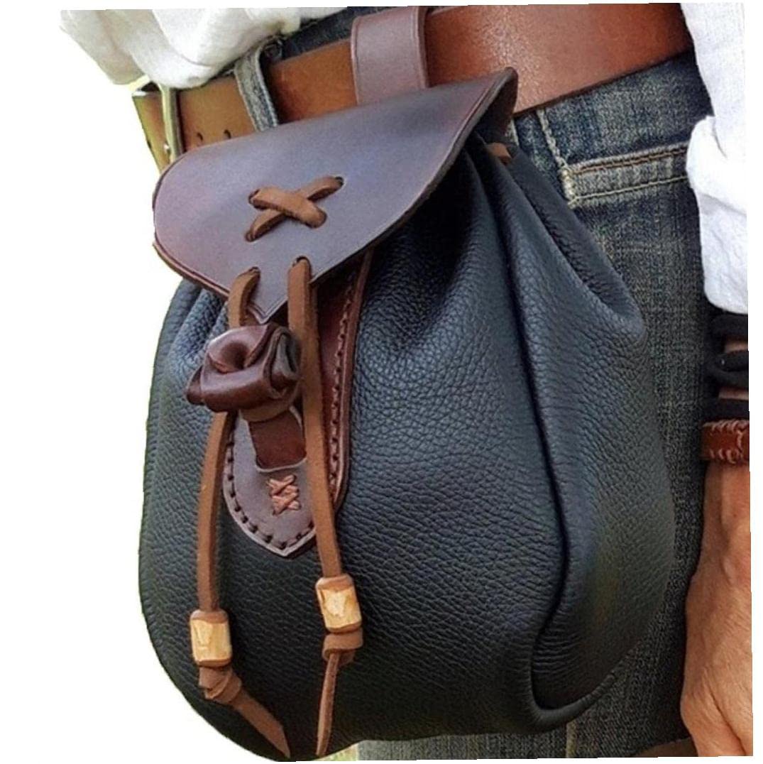 Casiler Men's Black Medieval Accessories Leather Belt Bag Coin Pouch Steampunk Drawstring Purse For Wo Cosplay Prop