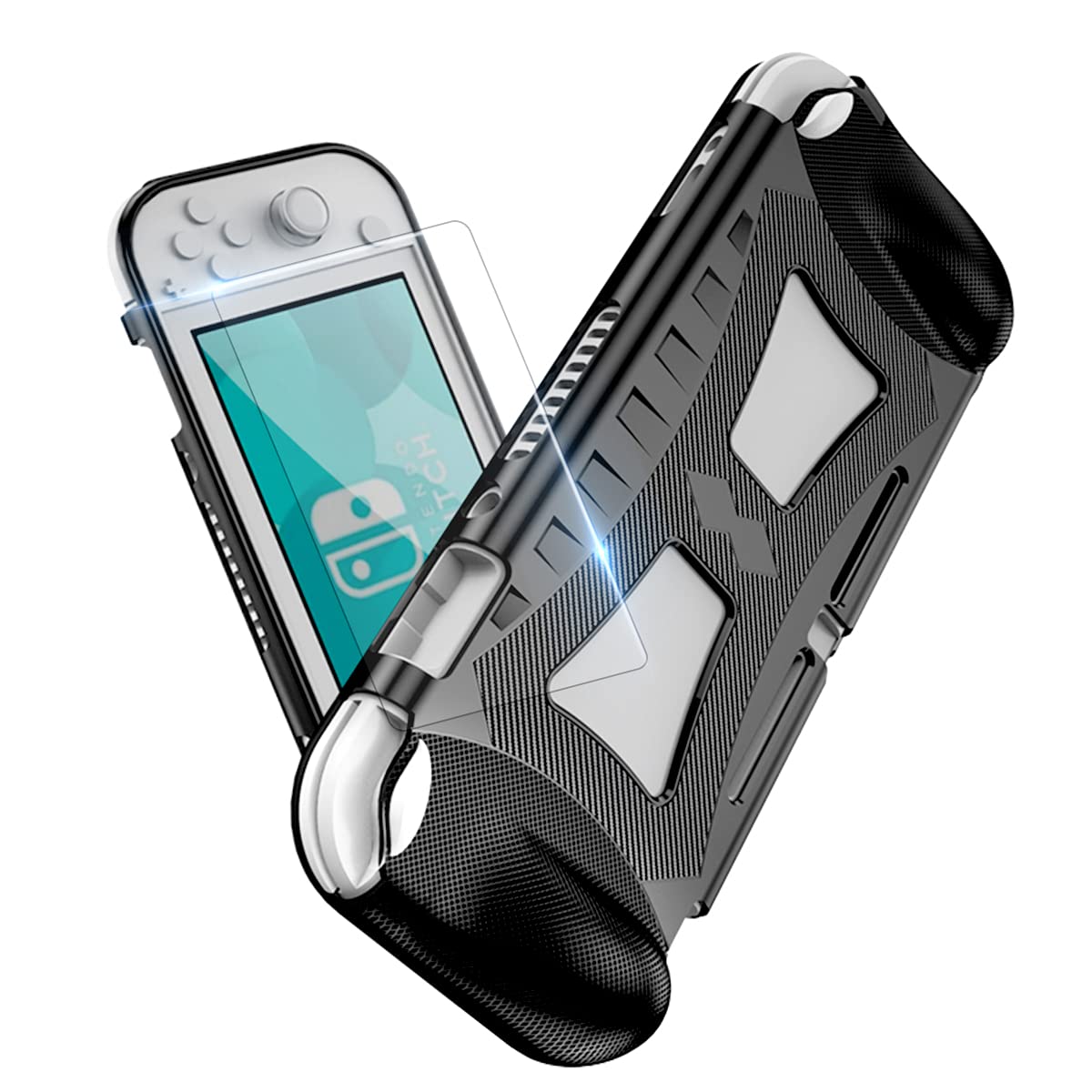 Switch Lite Case Protective Case for Nintendo Switch Lite, Compatible Nintendo Switch Lite Screen Protector Cover Hand Grip Case with 1 Pack Tempered Glass Screen Protectors - Black