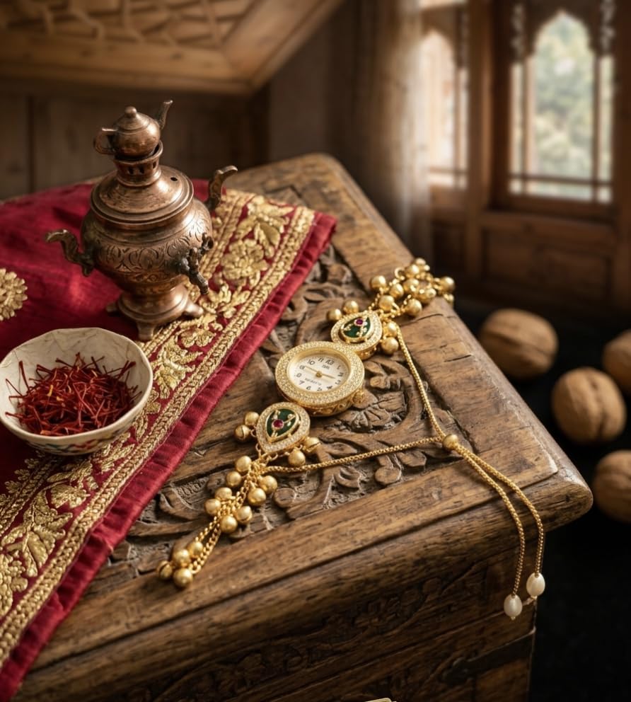 Image of Gold-Plated Kashmiri Bracelet Watch with Kundan Embellishments, Ghungroo Charms and Pearl Accents