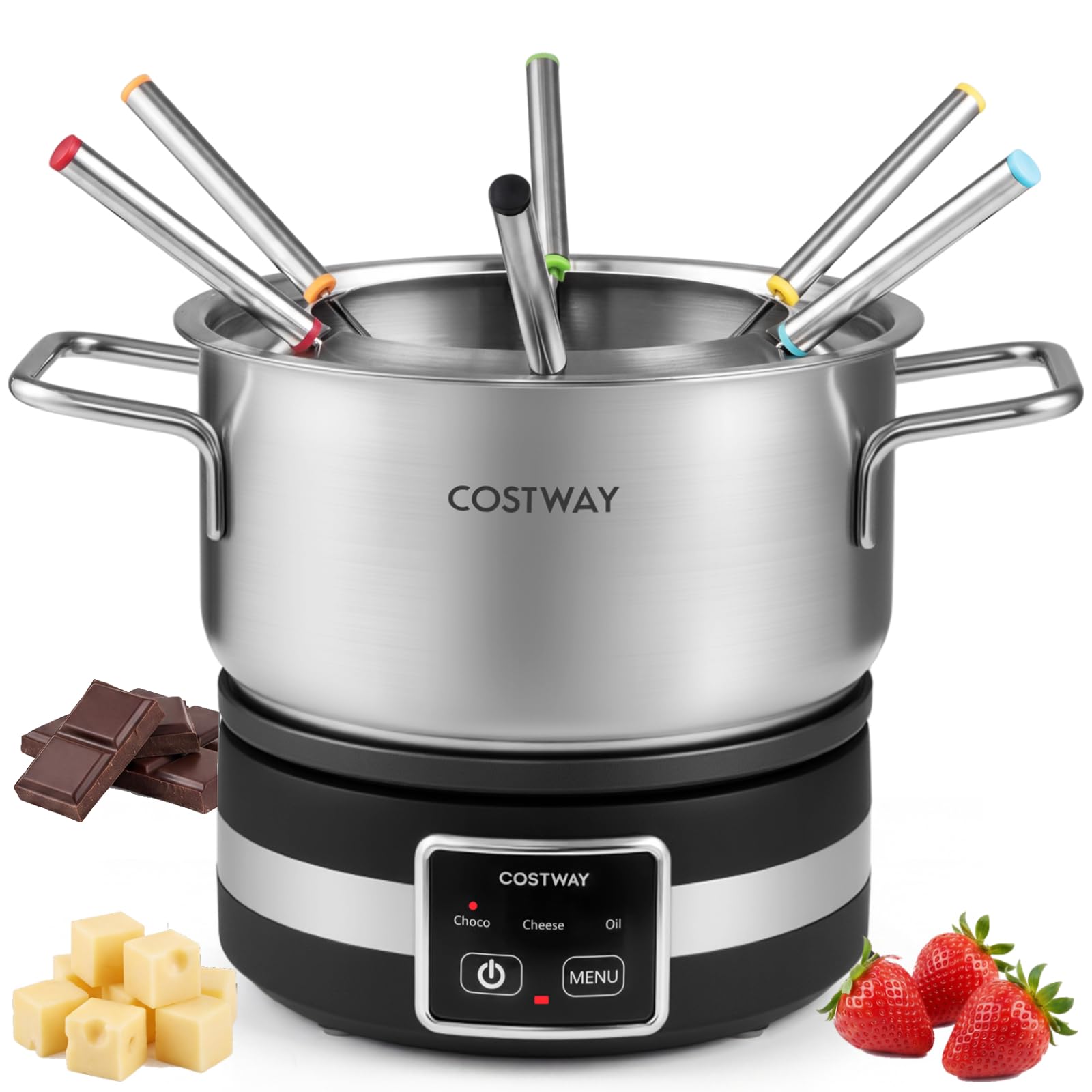 COSTWAY Electric Fondue Set, 1200W Electric Fondue Maker with 2.1L Removable Stainless Steel Pot, 6 Color-Coded Forks & Adjustable Temperature, Cheese Chocolate Fondue Pot Sets, Dishwasher Safe