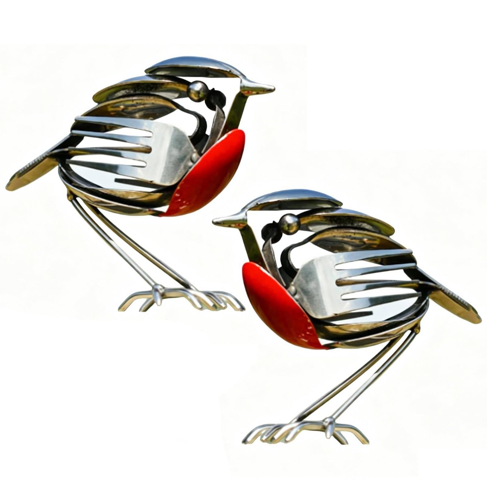 Recycled Fork & Spoon Robin Figurine, Metal Robin Garden Ornament, Garden Ornaments Outdoor, Silver Robins, Weatherproof Yard Patio Decor, for Garden, Patio, or Office Desk (2PC)
