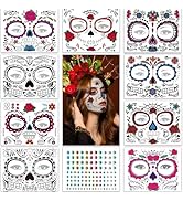 Halloween Face Tattoos,9Pcs Day of the Dead Face Stickers,Sugar Skull Black Skeleton Web Red Rose...