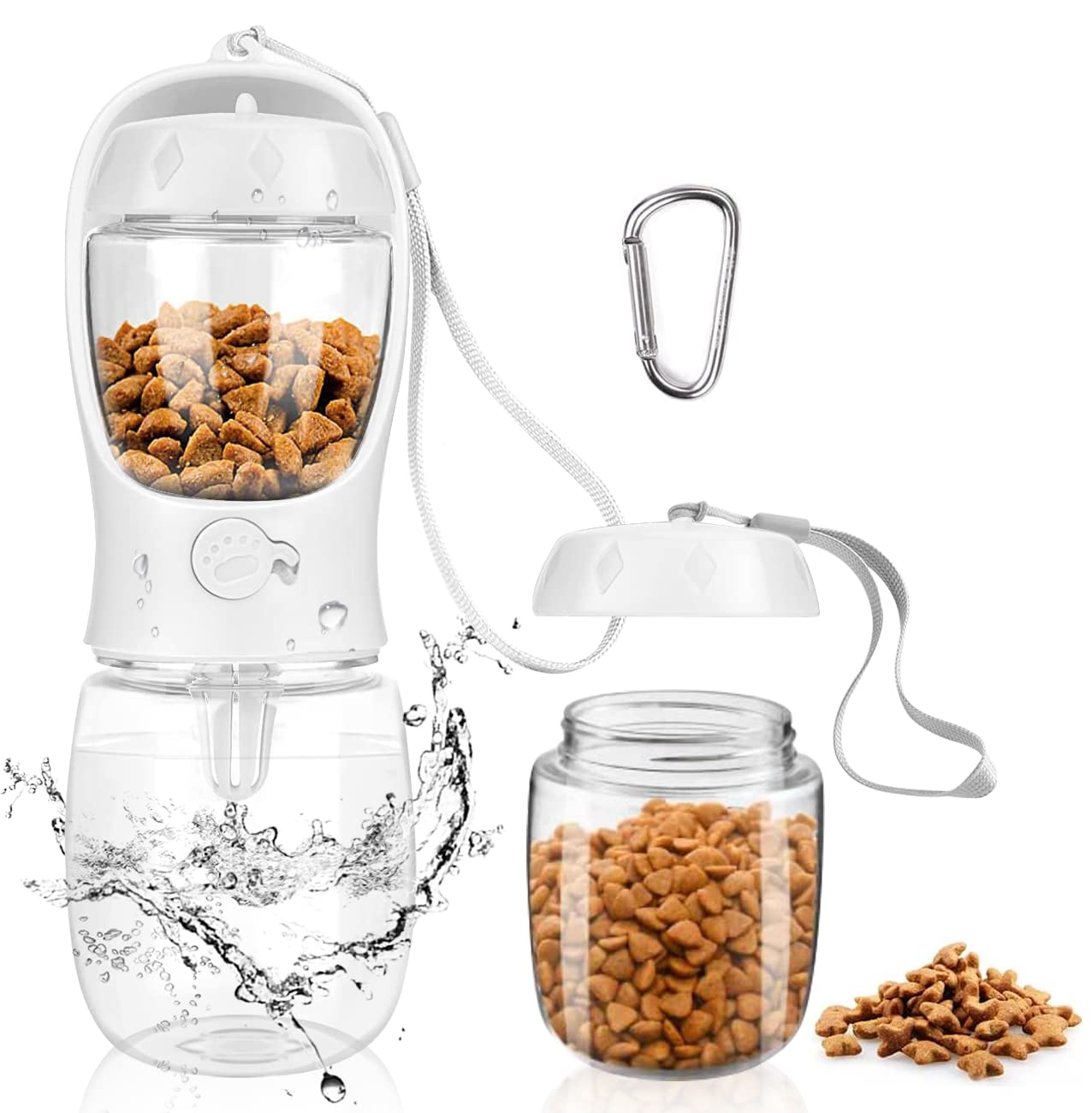 MYOWELL 2-in-1 Hunde Trinkflasche mit Futterbox (350ml + 100g) - Hundetrinkflasche für Unterwegs, Auslaufsichere, Leicht zu Tragen mit Karabiner für Große Kleine Hunde (Weiß)