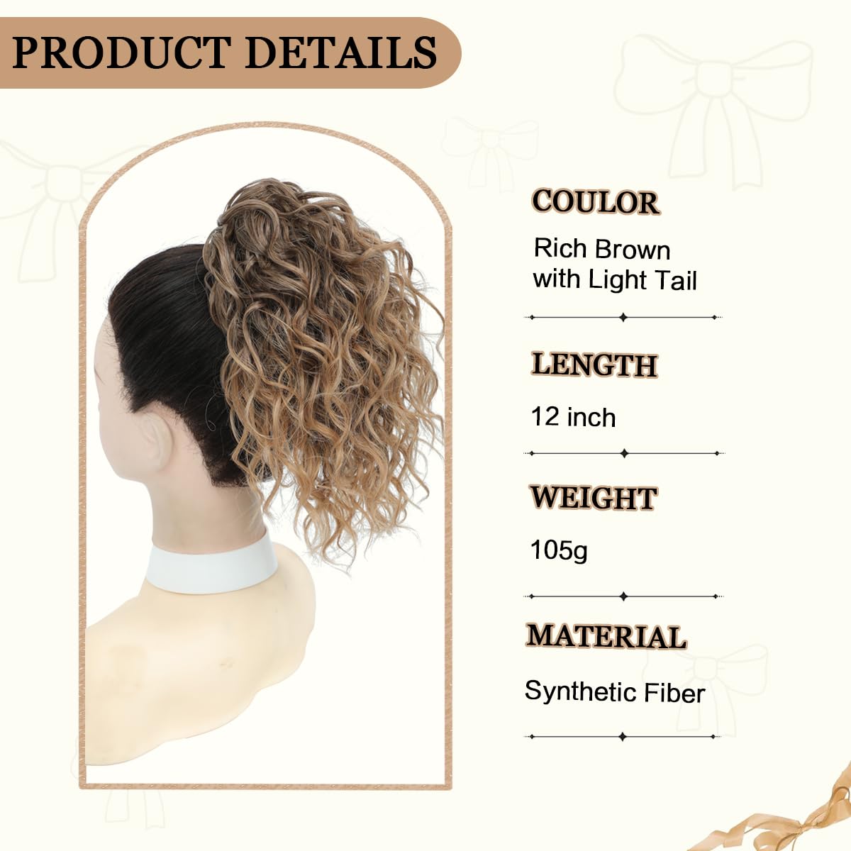 VEGALILY 12 inch Ponytail Extension Short Curly Hair Extensions Clip in Drawstring Ponytail Synthetic Claw Clip Ponytail Hair Extensions Soft Hair Pieces for Women (Rich Brown with Light Tail) - Image 2