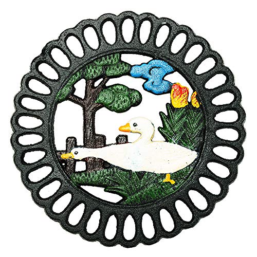 Sungmor ヘビーデューティーキャストアイアントリベット、キッチンまたはダイニングテーブルのための装飾的な絵画トリベット、7.5x7.5インチ シェイプC_Duck
