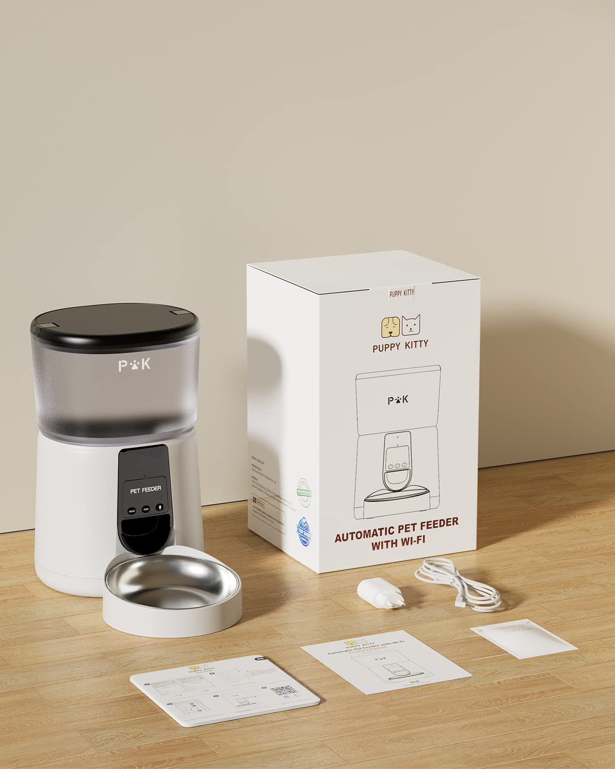 PUPPY KITTY Comedero Gato Automatico, 2.4G WiFi 4L Dispensador Comida Gatos con Bol de Acero Inoxidable, App Control, Grabación de Voz 10S, 1-10 Comidas