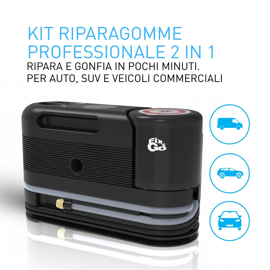Fix&Go SENSOR Kit Riparazione Pneumatici Auto Professionale con Compressore: Sistema Elettronico Automatico 12V, Sigillante a Base di Lattice per SUV ed Elettriche, Safe per Sensori TPMS