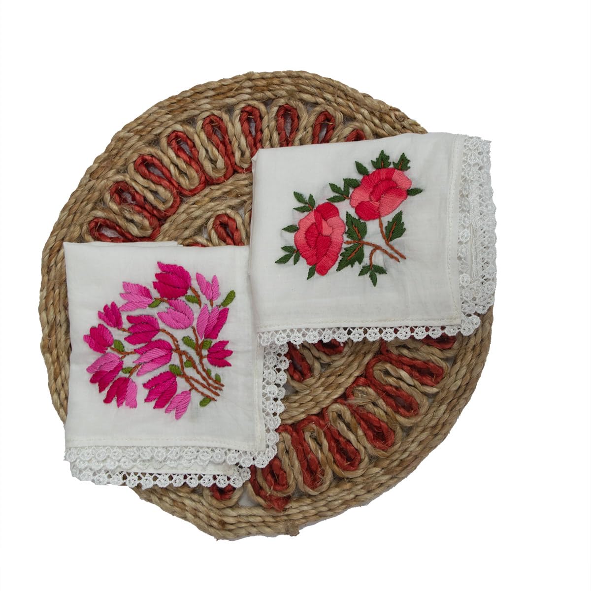 stotra Pure Cotton Handembroidered Women's Handkerchiefs-Pink Tulip and Red Rose Design-Set of 2-picture-27