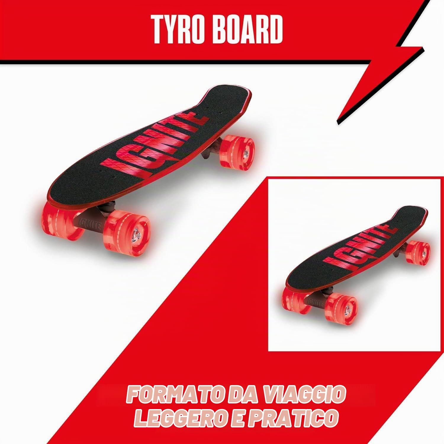 Mondo Toys - Ignite Tyro Red - Skateboard ruote poliuretano luminose - pedana misura 55 x 15, Colore Rosso, 25543