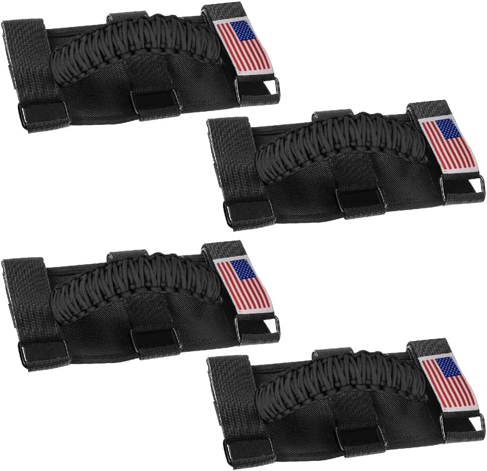 2PCS Car Roll Bar Grab Handle, Heavy-Duty Oxford Cloth ATV Paracord Hand Grip Handle, Sturdy UTV Roll Bar Cage Grab Strap Accessories, Compatible with JLU JK JKU JT TJ (Black)