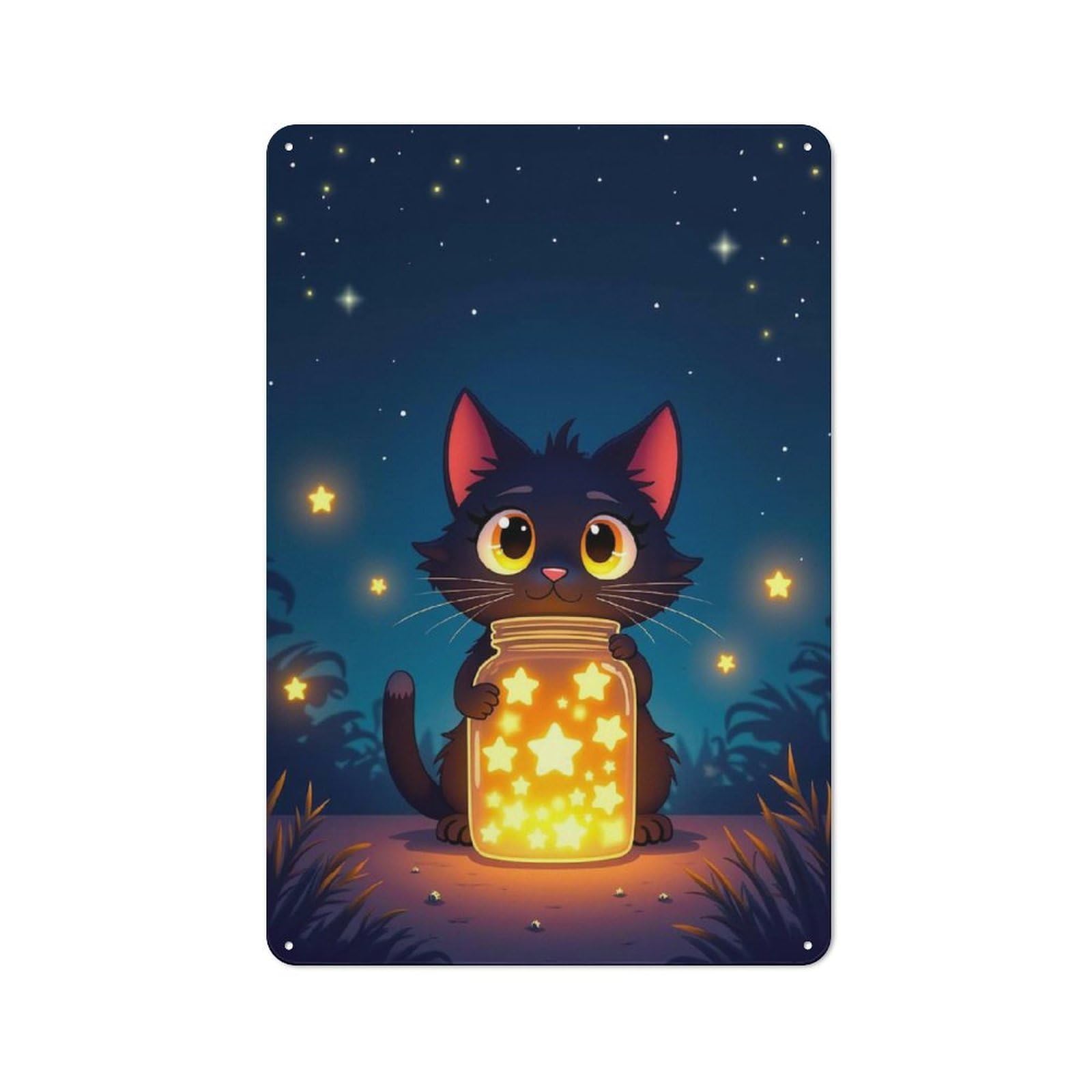 Junmoney Style-10 Enchanted Whiskers – Starlit Cat & Golden Jar In Moonlit Serenity Retro-Style Tin Wall Plaque 30X20cm For Café Or Home Bar, For Themed Interiors In Cafés And Home Bars