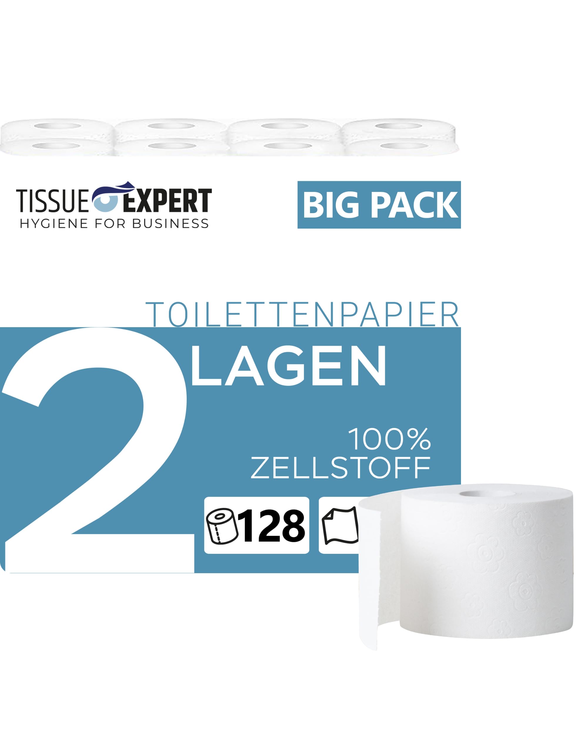 Toilettenpapier 2-lagig | 128 Rollenx250 Blatt | Großpackung | Superweiches weißes Klopapier aus 100% Zellstoff | ideal für Gewerbe & Vielverbraucher | 60% PCR-Verpackung WC Papier