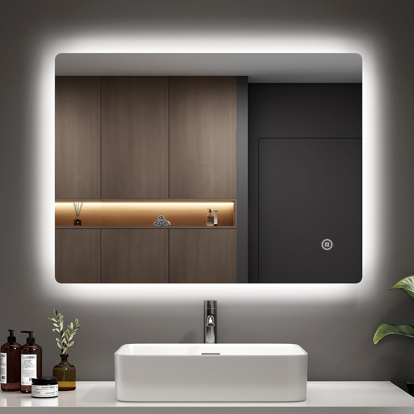 EMKE Bathroom Mirror with Lights 800 × 600 mm, Shaver Socket, Anti-Fog