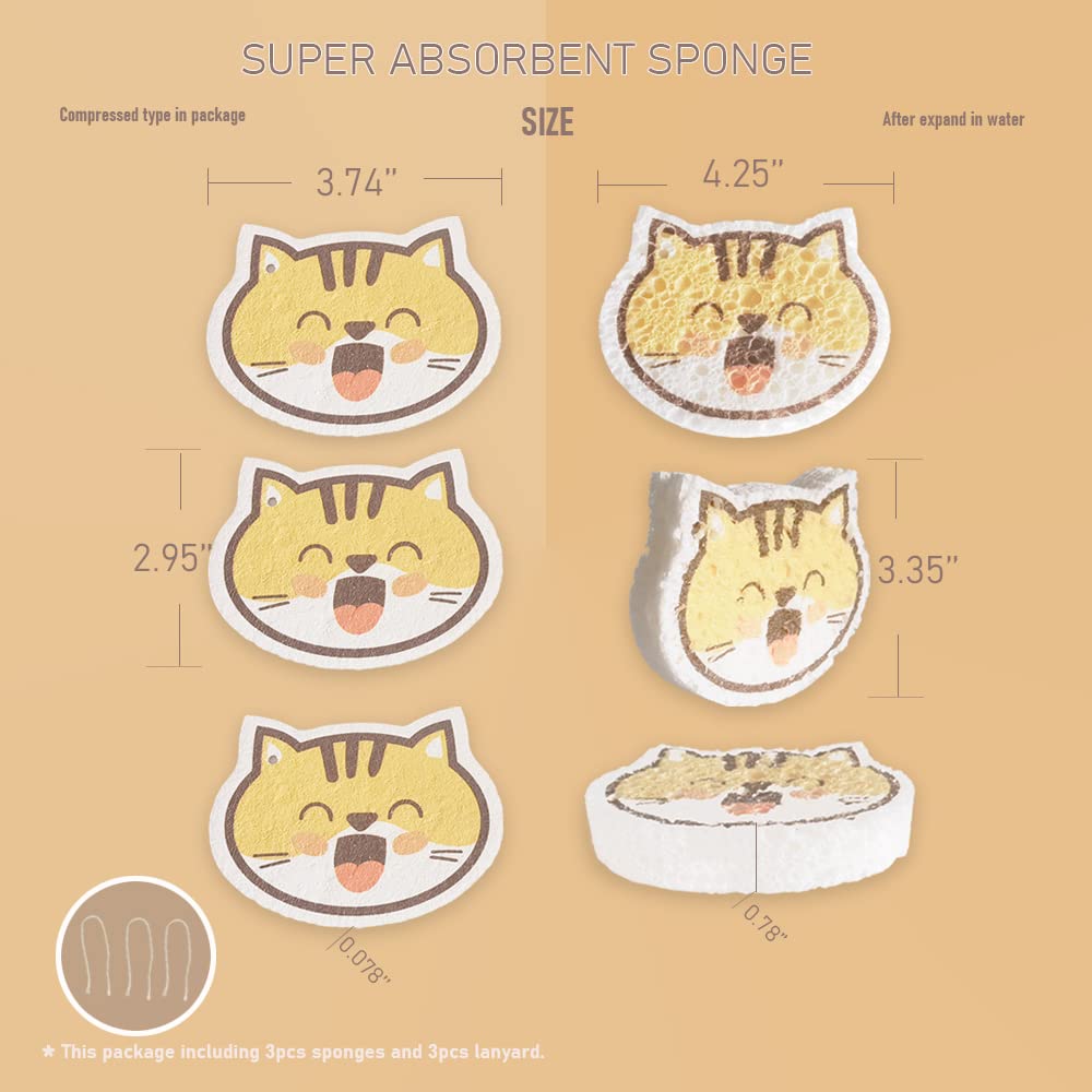 Lot de 3 éponges à récurer pour cuisine (7,5 x 9,8 cm, chat souriant)