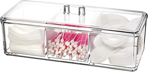 Miniatura 8 de Qtip - Dispensador de bolas de algodón y hisopos con tapa, acrílico transparente, 3 compartimentos, recipientes de baño, organizador de almohadilla