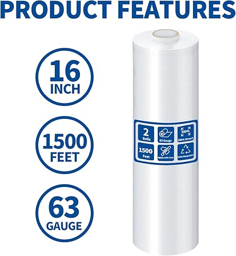 Miniatura 2 de Película elástica de 18 pulgadas para envoltura de paletas, 2 rollos de película retráctil de resistencia industrial, 1500 pies, envoltura de