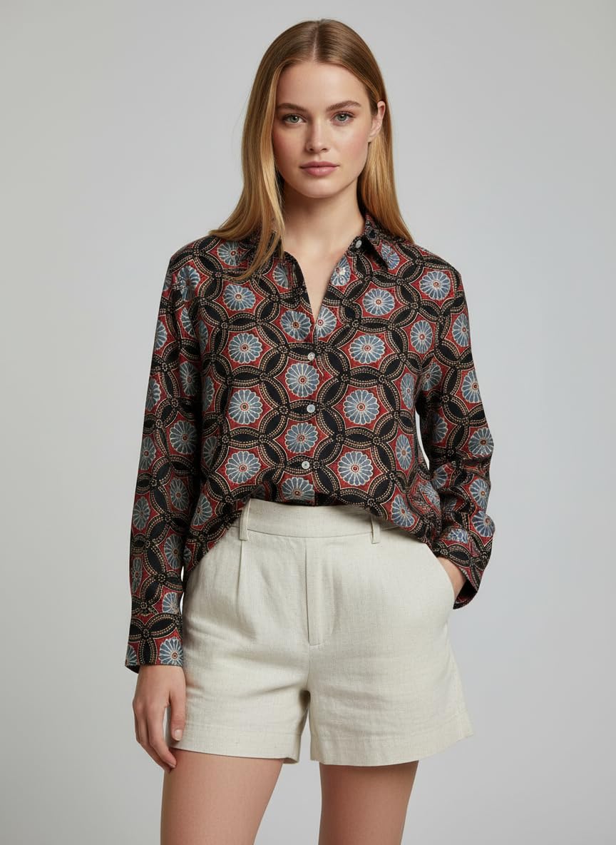 ANNI Designer Bedrucktes Damenhemd aus Baumwollmischgewebe, langärmelig, normale Passform, Hemdkragen, legere Bürokleidung, elegante Western-Kleidung für den Alltag, Hochzeit, Party
